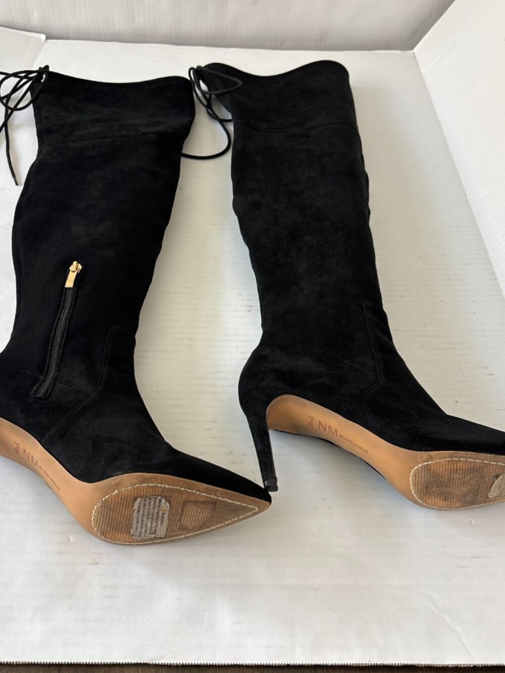 Neiman Marcus Black Suede Over the Knee Stiletto Boots Pointed Toe Tie Back 7.5M - Picture 6 of 14